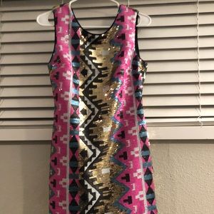 Colorful pink and gold sequin dress